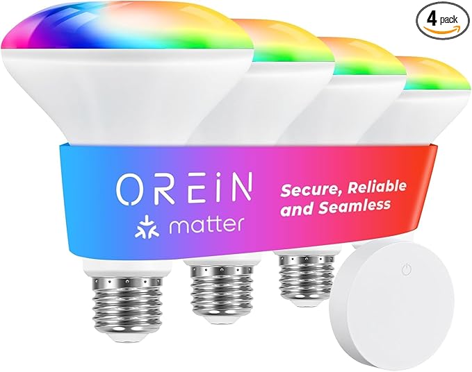 OREiN Matter Smart Light Bulb, BR30 Smart Bulbs with Remote 650LM 60W, Recessed Color Changing Bulbs RGBTW, Smart Flood Light Bulb Compatible with Alexa, Apple Home, Google Home, SmartThings, 4Pack