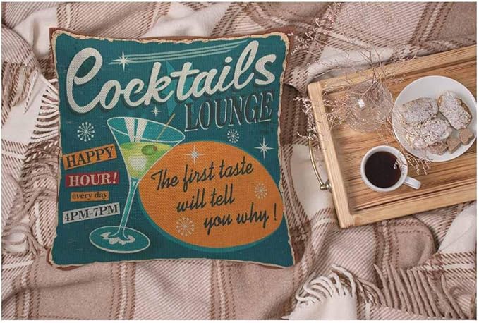 WONDERTIFY Throw Pillow Case Cover 1950S Vintage Cocktails Metal Sign - Soft Linen Pillow Case for Decorative Bedroom/Livingroom/Sofa/Farm House - Cushion Covers Couch Pillow 18x18 Inch 45x45 cm