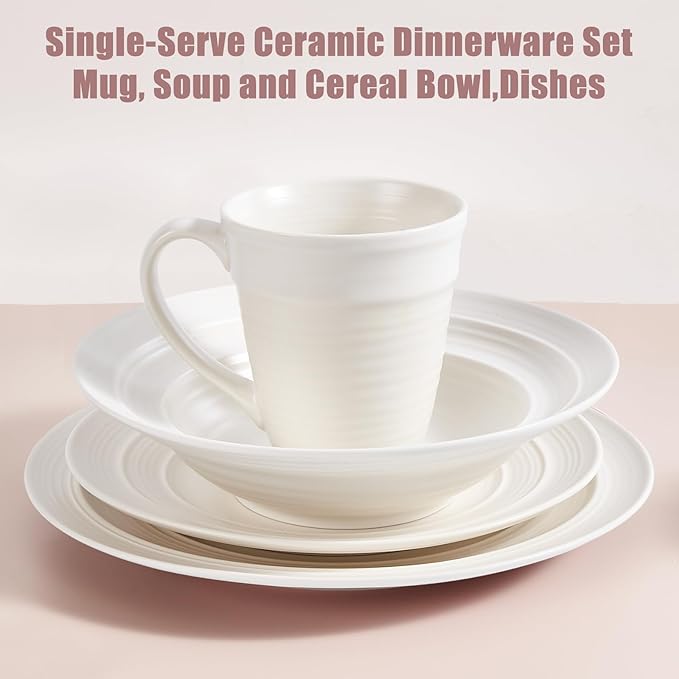 Modern Ceramic Dinnerware Set, 4-Piece, Mug, Bowl and Dinner Plates (White)