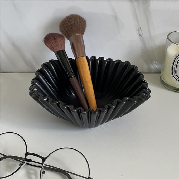 9.45 Inch Decorative Bowl, Black Modern Ceramic Decorative Bowl for Kitchen Counter Dining Table Centerpiece,Ruffle Ceramic Fruit Bowl Key Bowl Candy Bowl Farmhouse Home Decor