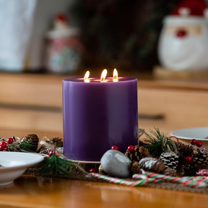 MOZEAL Extra Large 3 Wick Purple Pillar Candle, 6" x 6", Unscented, Dripless, Smokeless, and Clean-Burning. Approx. 120 Hours of Burn Time. Perfect for Weddings, Dinners, Christmas and Home Decor