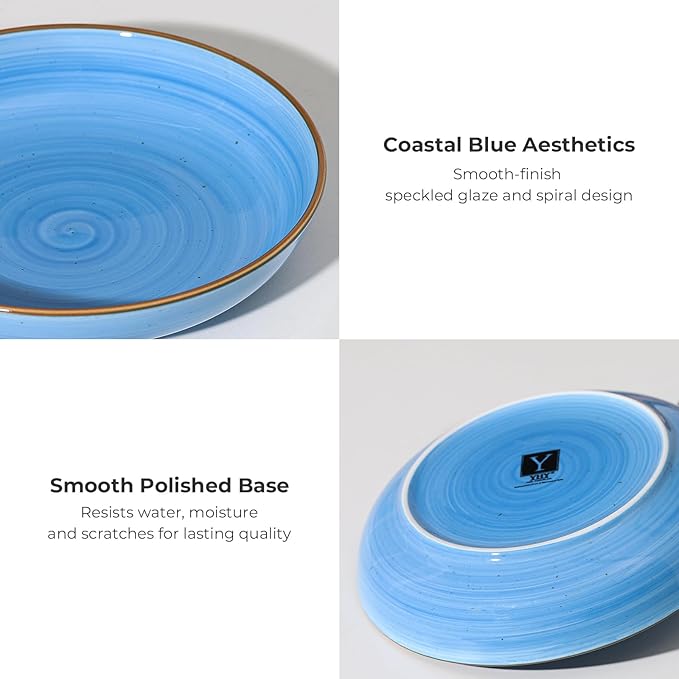 Y YHY 8.5'' Pasta Bowls Set of 6, 30 oz Ceramic Shallow Salad Bowls, Large Serving Soup Bowls Pasta Plates, Microwave & Dishwasher Safe Dinnerware Valentine's Day Gift, Gradient Blue