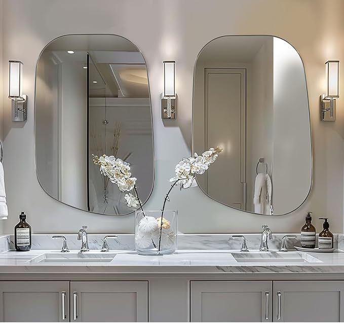 ANDY STAR Chrome Irregular Mirror, 24"x36" Silver Asymmetrical Wall Mirror in Stainless Steel Metal Frame, Unique Vanity Mirror with Modern Curved Design, Ideal for Bathroom, Bedroom, Entryway