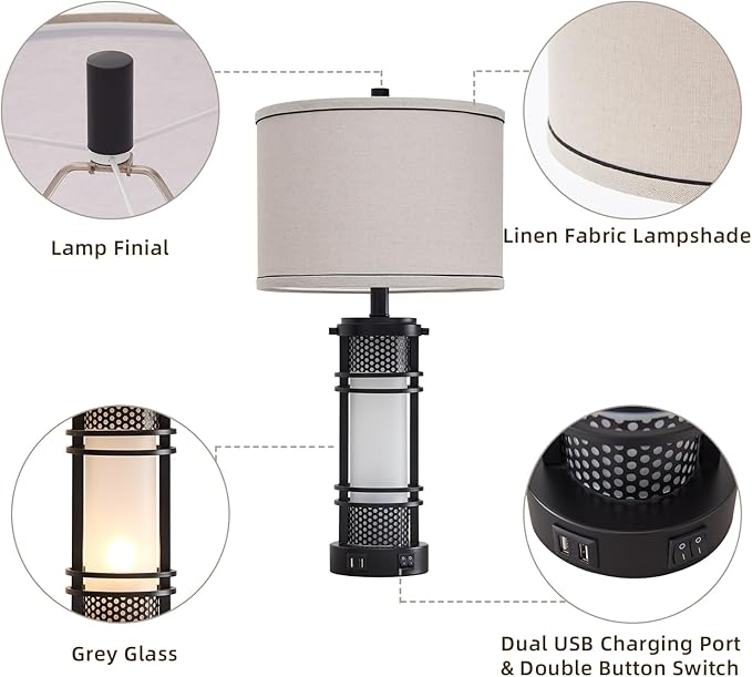 Set of 2 Modern Table Lamps for Living Room, Contemporary Nightstand Lamp with Dual USB Port, Bedside Lamps with White Frosted Glass Night Light for Bedroom, 4 Bulbs Included (Black)
