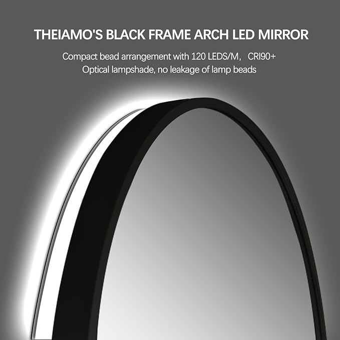 30"x20" Arched LED Bathroom Mirror, Wall Mounted Backlit Mirror with Lights Fog Free Lighted Framed Mirror Smart Anti-Fog 3 Color Temperatures Adjustable Brightness Black