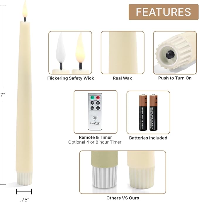 LampLust Flameless Taper Candles, Realistic Flame with Wick, 7 Inch, 10 Pack, Ivory Wax, Flickering Flameless Candle LED, Remote Included, Home Decor, Christmas Party Decorations, Wedding Centerpiece