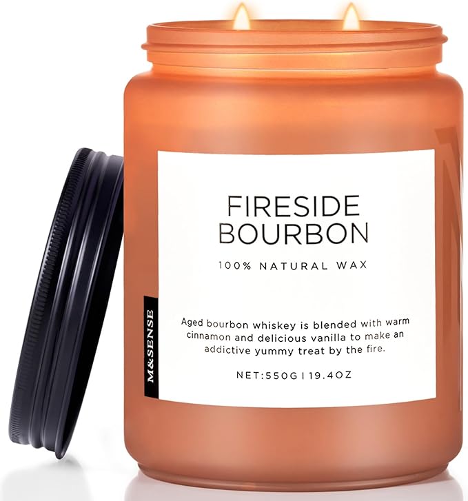 M&SENSE Fireside Bourbon Scented Candles, 2 Wick Jar Candle 19.4oz 110 Hour Long Lasting, Organic Natural Soy Wax Candle for Bedroom Kitchen Home Decor, Warm Housewarming Gifts for Men Women