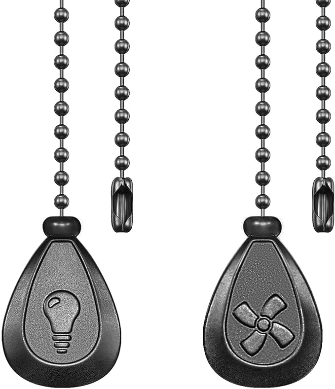 Black Ceiling Fan Pull Chain, 2Pcs 12 Inches Decorative Fan Pull Chain Ornaments Extension, 3mm Diameter Beaded Ball Fan Pull Chain Extender with Connector(2 Pack)