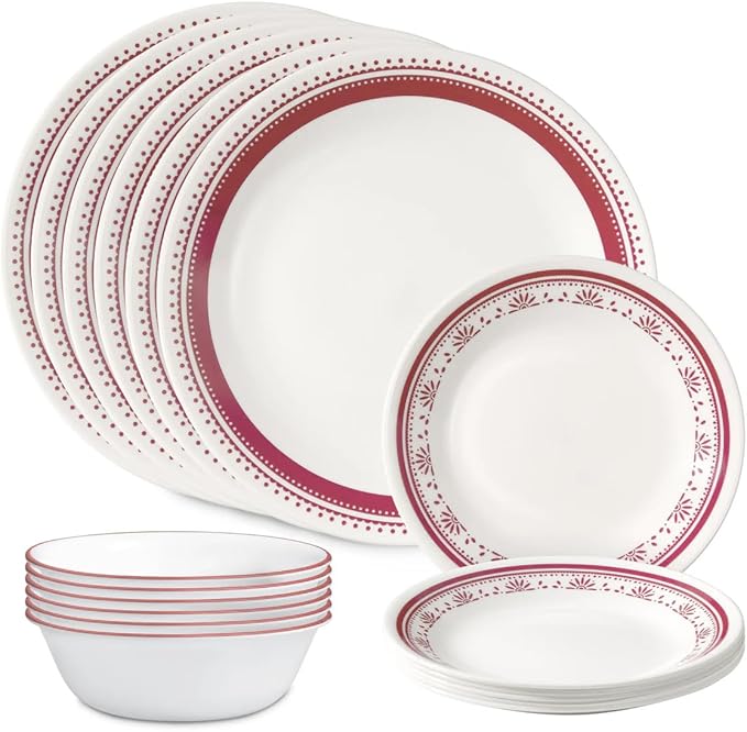 Corelle Everyday 18-PC Dinnerware Set Service for 6, Durable and Eco-Friendly, Higher Rim Glass Plate & Bowl Set, Microwave and Dishwasher Safe, Sadie