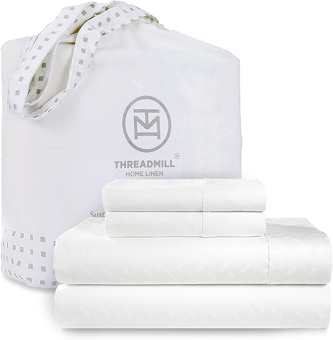 Threadmill Cotton Twin Sheet Set | 100% Cotton Sheets for Twin Size Bed | Damask Jacquard Sateen Twin Bed Sheets Set with 16” Deep Pocket | Soft Breathable 3-Piece Cooling Sheet Set | White