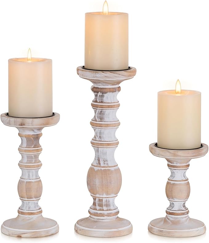 Wood Pillar Candle Holder: 3Pcs Rustic Candle Holders for Pillar Candles Wood Candle Holders Distressed Wooden Farmhouse Large Candle Holder Fireplace Table (Rustic White, 5.9", 7.87", 11")