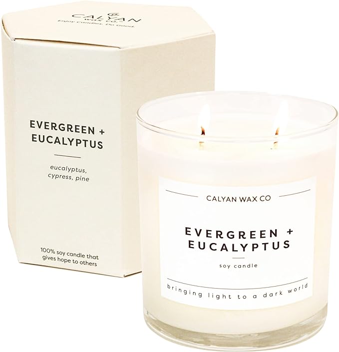 Calyan Wax Co. 2 Wick Candle, Evergreen + Eucalyptus Scented Candle, 37 Hour Burn Time, Aromatherapy Soy Candles, Non Toxic & Vegan Soy Wax, Glass Tumbler Scented Candles, 12.5oz