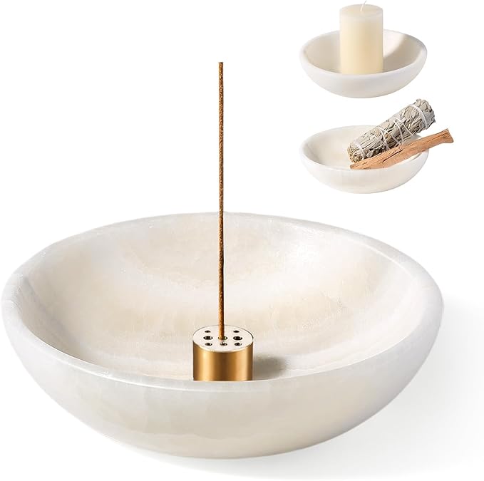 Koville Natural Marble Incense Holder, Incense Holder for Sticks with 9 Holes, Handmade Incense Burner Ash Catcher for Meditation Yoga SPA, Balsam Fir/Palo Santo/Sage/Cone (White)
