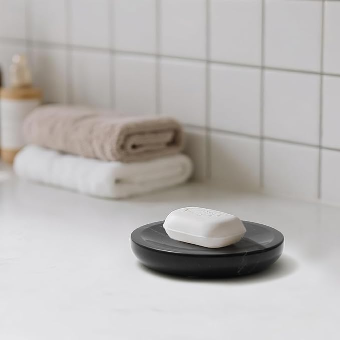 WORHE Marble Soap Dish Italy Natural Stone Sponge Holder for Bathroom Tub Shower Kitchen Sink, Handcraft Round Soap Case Organizer Trinket Plate Jewelry Tray Coaster for Home Decor Black (DL007)