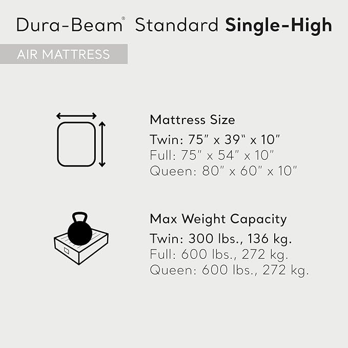Intex 64101E Dura-Beam Standard Single-High Air Mattress: Fiber-Tech – Twin Size – 10in Bed Height – 300lb Weight Capacity – Pump Sold Separately