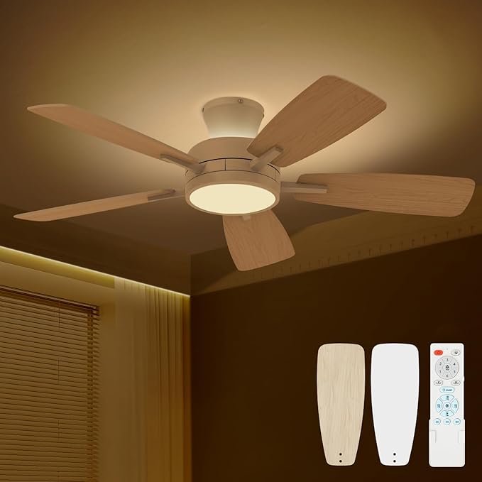 TALOYA Ceiling Fans with Lights and Remote, 46 Inch Low Profile Ceiling Fan with Light, Flush Mount, Reversible, 3CCT, Dimmable White Modern Ceiling Fan for Bedroom, Living Room, Outdoor Patio