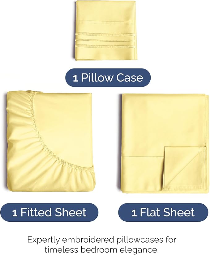 Twin Size 3 Piece Sheet Set - Comfy Breathable & Cooling Bed Sheets Set - Hotel Luxury Bedding for Women, Men, Kids, Teens, Boys & Girls - Deep Pockets, Ultra-Soft, Wrinkle Free - Oeko-Tex - Yellow