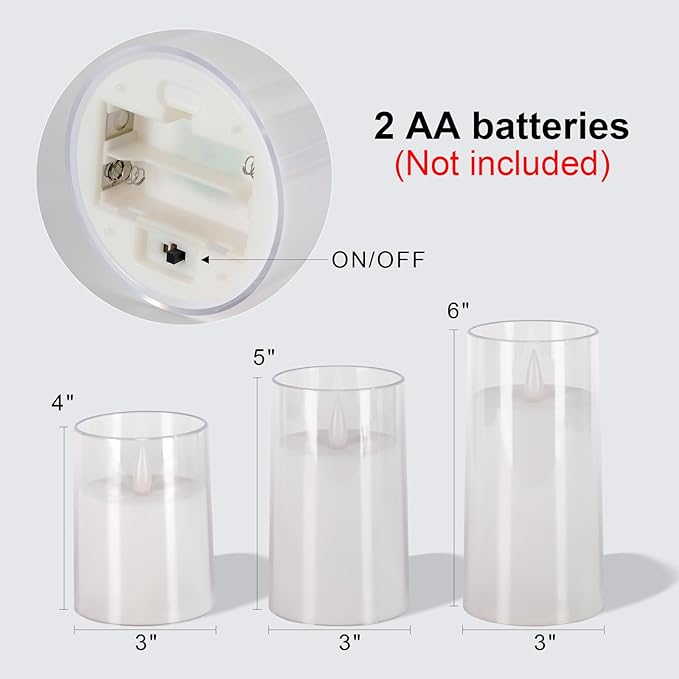 Homemory Realistic Flickering Battery Operated Candles, LED Fake Electric Candle with Remote Control and Timer, Flameless Candles for Home, Christmas Decoration, White, Set of 3