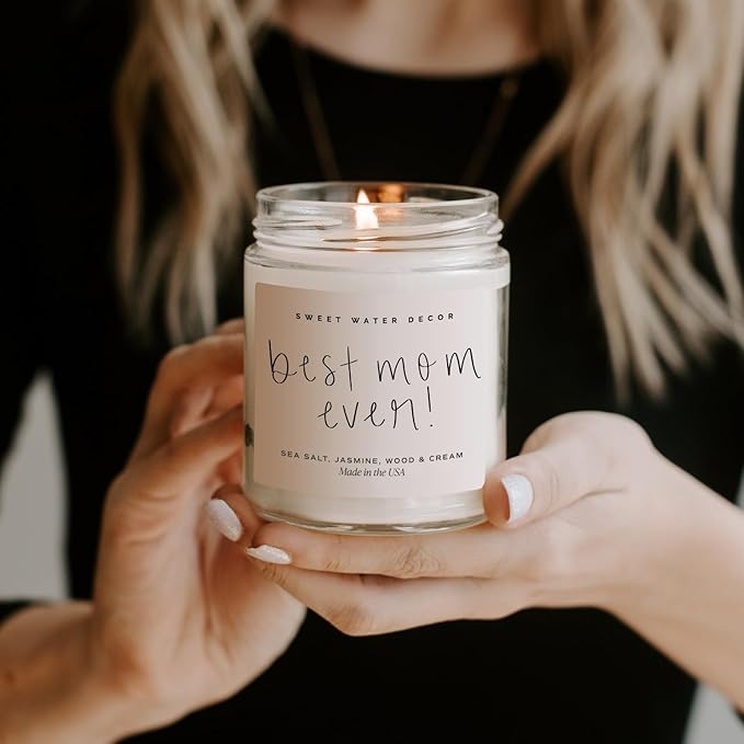 Sweet Water Decor, Best Mom Ever Candle - Sea Salt, Jasmine, Cream, and Wood Scented Soy Wax Candle for Mom - 9oz Clear Jar, 40 Hour Burn Time, Made in The USA