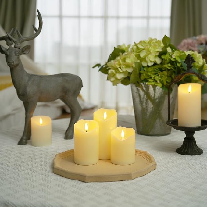 Homemory Flickering Flameless Candles, Realistic LED Candles with Remote and Timer, Real Wax Battery Operated Candles, Set of 3, Ivory
