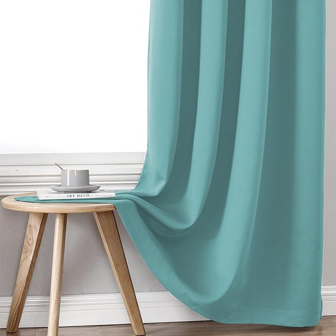 ChrisDowa 100% Blackout Curtains 90 inch Long for Bedroom with Black Liner, 2 Thick Layers Total Blackout Thermal Insulated Grommet Window Curtains 2 Panels Set (Aqua, 52 x 90 Inch)