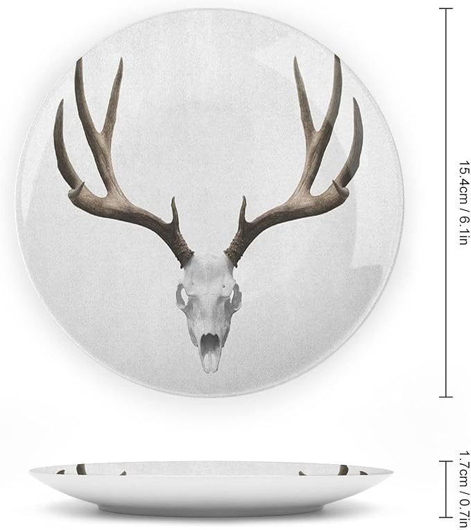 7 Inch Decorative Plate,Antlers Ceramic Plate, Deer Skull Skeleton Head Bone Halloween Print Ornament Display Plate for Dining Table Setting, Wedding Reception Decorations, Christmas Tablescape
