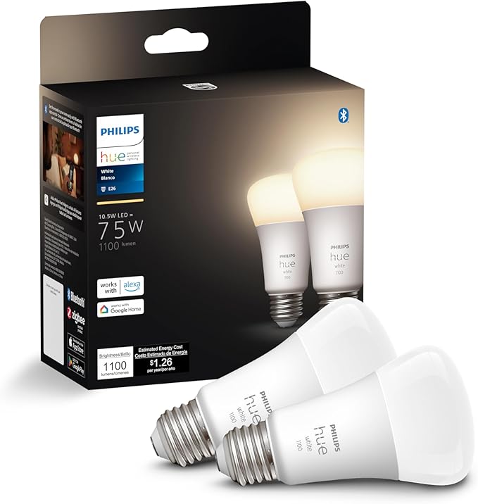 Philips Hue Smart 75W A19 LED Bulb - Soft Warm White Light - 2 Pack - 1100LM - E26 - Indoor - Control with Hue App - Works with Alexa, Google Assistant and Apple Homekit