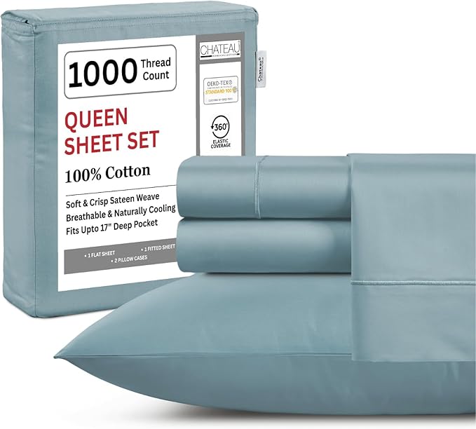 100% Cotton Sheets Queen Size Set- 1000 Thread Count Queen Size Sheets Set, Luxury Hotel Sheets, Soft & Smooth Sateen Weave, Cooling Sheets, 15" deep fitted sheets queen size- French Blue