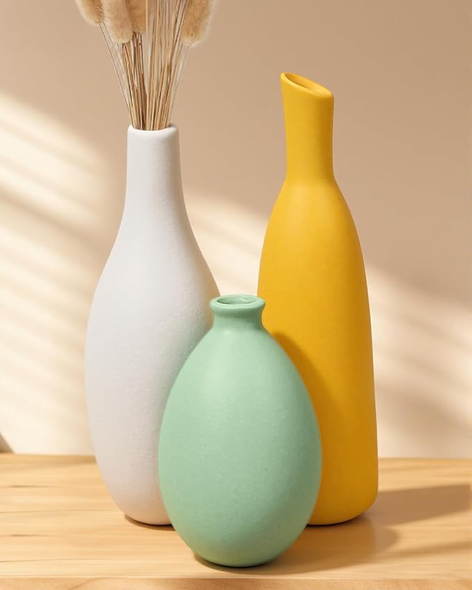 Boho Ceramic Vase Set of 3,Modern Aesthetic Vase for Home Decor,Table Living Room,Coffee Table,Mantel Entryway Shelf Kitchen Bathroom