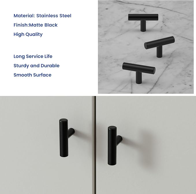 LONTAN 100 Pack Black Knobs for Cabinets and Drawers Kitchen Cabinet Knobs for Dresser Bathroom Modern T Bar Furniture Black Hardware,Stainless Steel