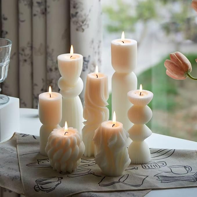 7-Pack Pillar Candles - Soy Wax Handmade Ribbed Candles for Home Decor, Housewarming Gift, Shelf & Table Decor - Aesthetic Modern Candles Set (White)