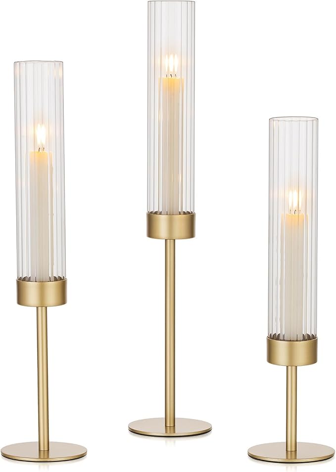 Hewory Gold Hurricane Candle Holders: Brass Candlestick Holders Set of 3 Tall Taper Candle Holders for Candlesticks Candle Sticks Holder Decor for Table Centerpiece Wedding Party Christmas Decorations