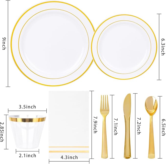 GATHER 700PCS Gold Plastic Plates - Whtie and Gold Disposable Dinnerware Sets 100Guest - 200 Disposable Plate, 300 Plastic Silverware, 100 Cups, 100 Napkins for Wedding & Party & Thanksgiving