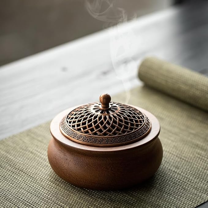 Round Wooden Incense Burner & Holder - 4" Handcrafted Natural Wood Censer with Alloy Lid, Heat-Resistant Tray for Sticks, Cones, Sage, Frankincense (Meditation, Yoga, Home Decor)