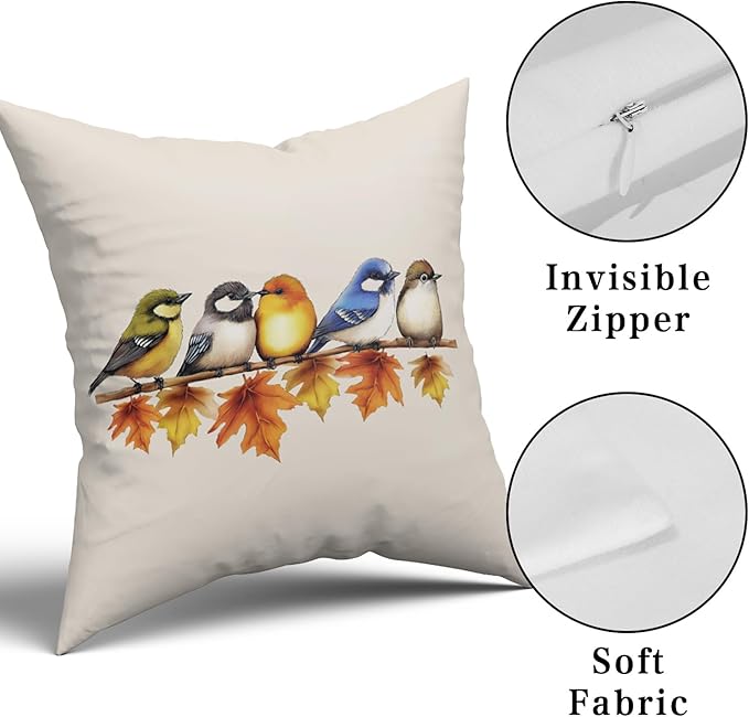 Giwawa Colorful Fall Birds Pillow Covers Pack of 2 16x16 Inch Autumn Thanksgiving Maple Leaf Branch Decorative Throw Pillow Cases Cotton Soft Cushion Covers for Sofa Couch Season Patio Car