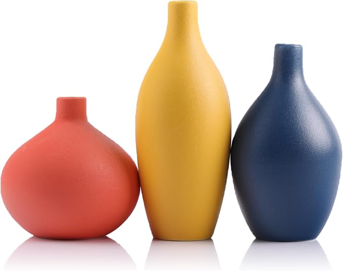 Ceramic Vase Set of 3, Minimalist Yellow, Orange, Blue Vases - Modern Farmhouse, Living Room, Shelf and Entryway Decor