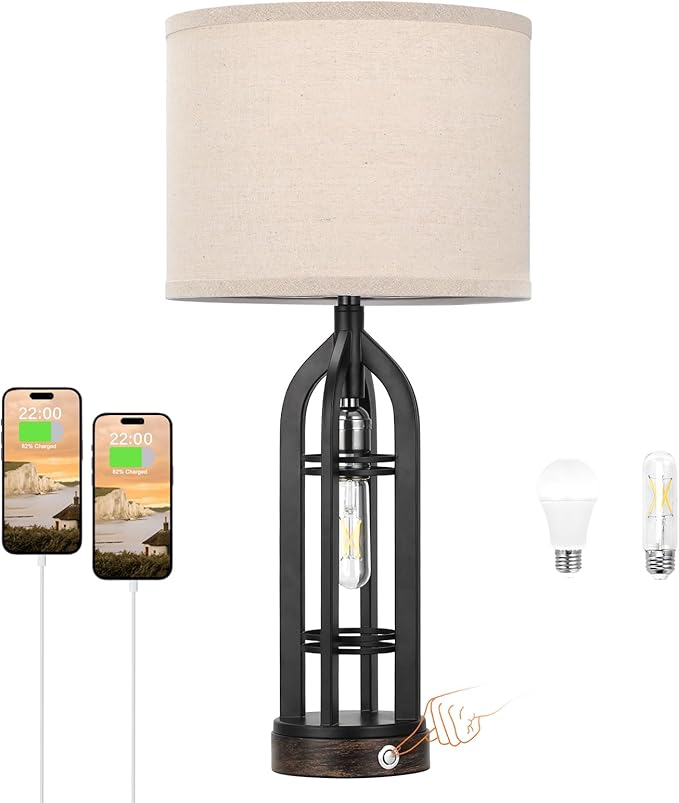 Seealle Table Lamps for Living Room - Black Bedside Lamp for Bedroom with USB C+A & Outlet, Farmhouse Lamps for Night Stands, 3-Way Dimmable Touch Lamps for Living Room with Oat Shade(Single)