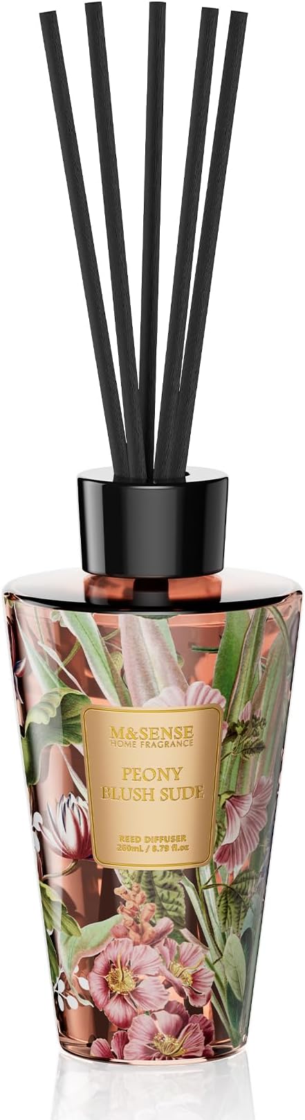M&SENSE Peony Blush Sude Reed Diffuser Set - 8.79fl oz Home Fragrance Non-Toxic Essential Oil Diffuser with Sticks, Air Freshner Gifts for House Bedroom Bathroom Office Decor