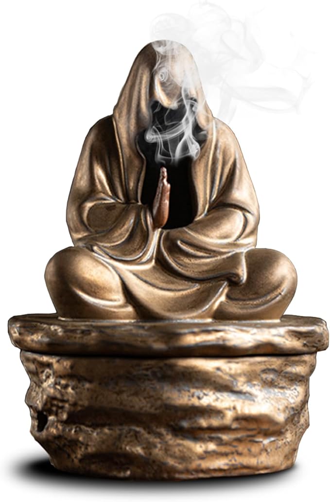 Ceramic Incense Holder for Cone and Coil - Incense Burner Holder Zen Decor with Buddha Statue Design Protection from Evil - 4.72" L X 3.78" W X 6.18" H (Gold)