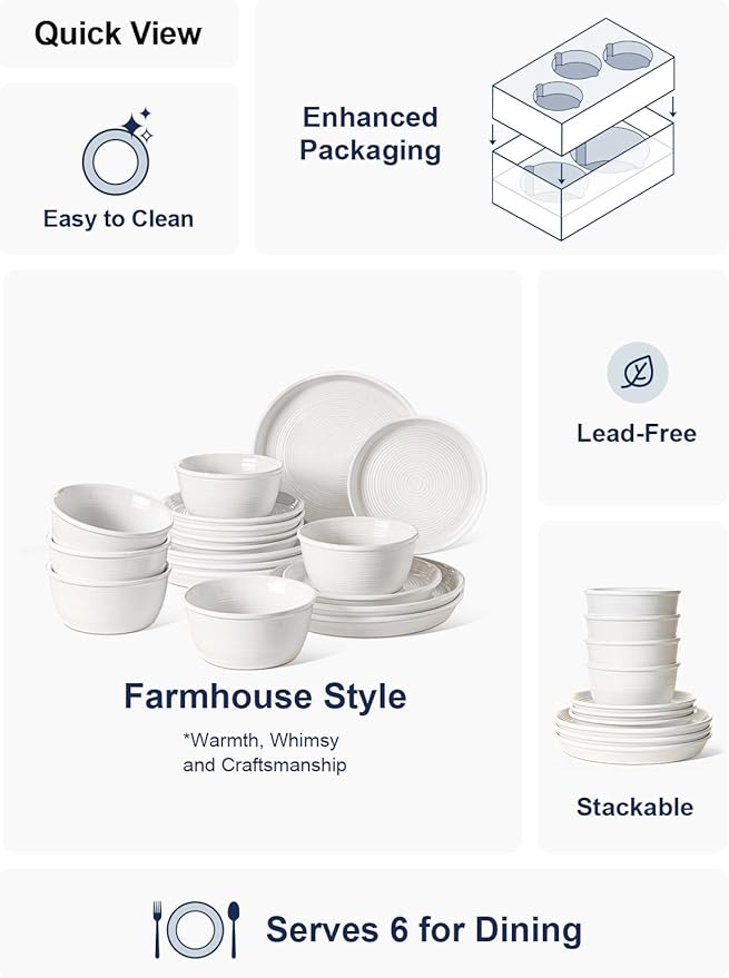 LE TAUCI 18-Piece Ceramic Dinnerware Set, Service for 6 – White Farmhouse Deeper Plates & Bowls (10" Dinner, 8" Salad, 6" Bowls), Stackable, Chip Resistant Stoneware Dishes