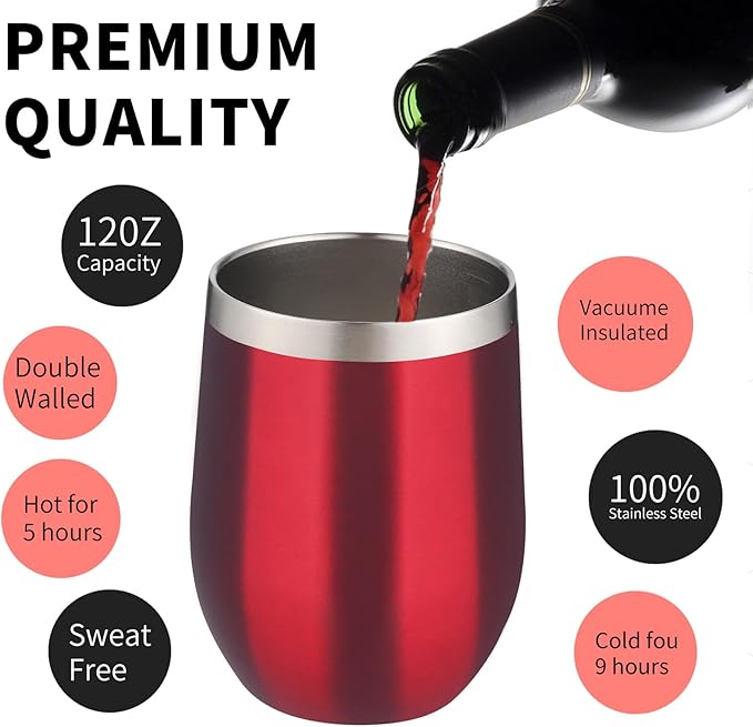 12oz/4 Pack Wine Tumbler Glasses with Lid Stemless Double Wall Vacuum Stainless Steel Travel Tumbler Keeping Cold & Hot for Wine,Coffee,Cocktails,Christmas Drinks-Family and Gifts (Red-4 pack)