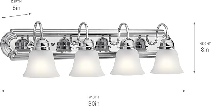 Kichler 30" 4-Light Vanity Bath Light in Chrome, Modern Bathroom Light with Clear Satin Etched Glass, ("30" W x 8" H), 5338CHS