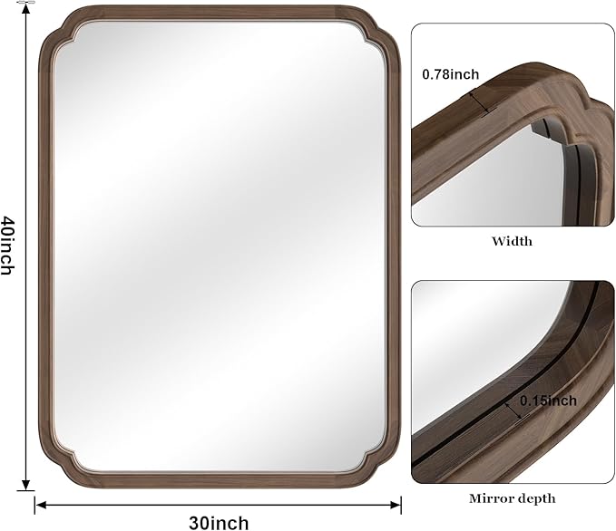 WallBeyond 30" x 40" Wood Bathroom Mirror for Wall Mounted, Rustic Rounded Corner Vanity Mirror for Entryway, Living Room or Bedroom Home Decorative [30" x 40" Walnut Color]