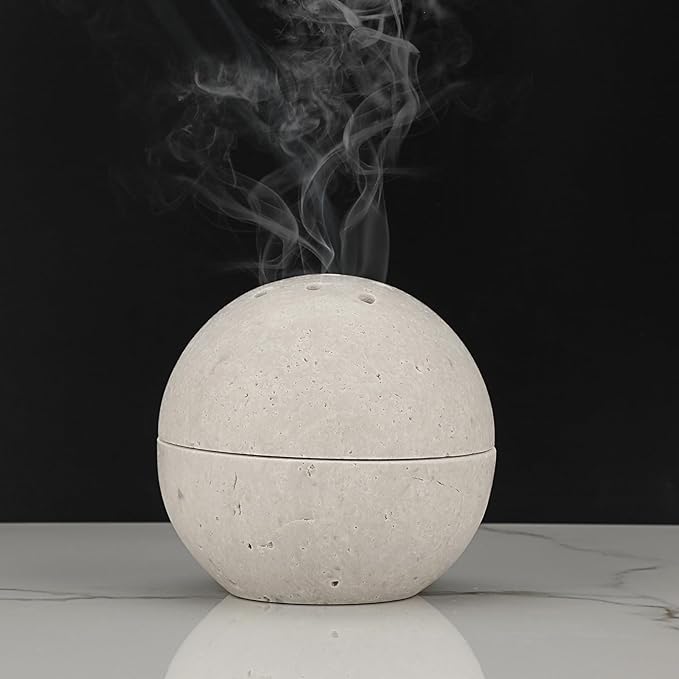 ELLDOO Natural Travertine Incense Holder, Home Decor Handmade Ball Shape Incense Cone Burner for Yoga Meditation SPA Reading, Gray