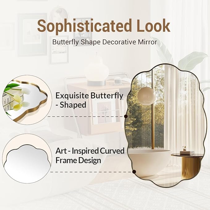 ANDY STAR Oval Bathroom Mirror, 24x36 Inch Scalloped Wall Mirror, Modern Brushed Gold Wavy Mirror, Anti-Rust Brass Metal Mirror for Bathroom Hang Vertical or Horizontal