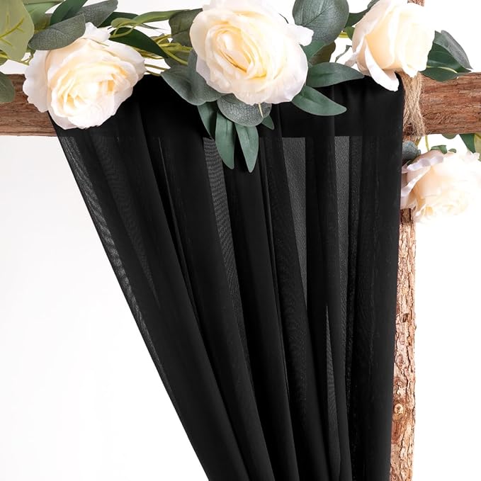 Socomi Wedding Arch Draping Fabric 3 Panels 29" x 18Ft Black Sheer Curtain Drapes 6 Yards for Wedding Baby Shower Ceremony Birthday Party Decoration
