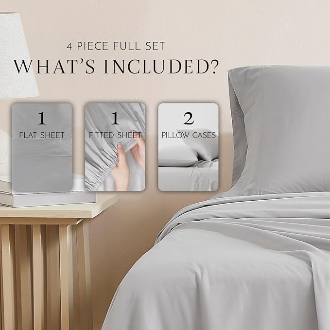 Linen Closet Light Grey Organic 100% Cotton Full Bed Sheets – Ultra Light, Breathable, Cool & Crisp – Wicks Away Moisture,Deep Pocket, Fully Elasticized – 4 Piece Sheet Set, Fits up to 18” Mattress