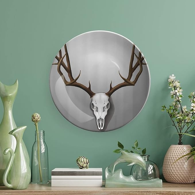 XISUNYA 10 Inch Decorative Plate,Antler Decor Ceramic Craft, Deer Skull with Large Horns Elk Skeleton Print Ornament Display Plate Decor Accessory for Dining, Parties, Wedding
