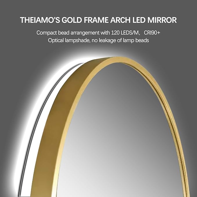 40"x24" Arched LED Bathroom Mirror, Wall Mounted Backlit Mirror with Lights Fog Free Lighted Framed Mirror Smart Anti-Fog 3 Color Temperatures Adjustable Brightness Gold