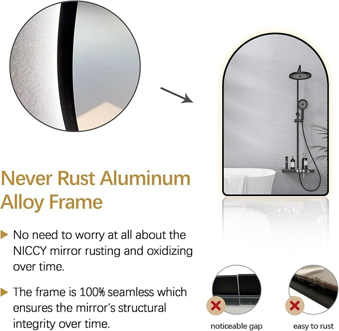 Niccy Arched LED Lighted Bathroom Mirror, 48x30 Inch Backlit Vanity Bathroom Mirror with Lights Brushed Black Framed Wall Mounted Mirrors with 3 Color Shatterproof Arch Smart Fog Free Mirror